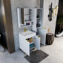 HD Paris Matt White 60 komplett fürdőszoba bútor szett álló mosdószekrénnyel, szálcsiszolt arany elemekkel, tükrös szekrénnyel és magasszekrénnyel