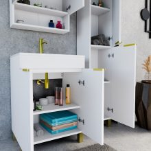 HD Paris Matt White 60 komplett fürdőszoba bútor szett álló mosdószekrénnyel, szálcsiszolt arany elemekkel, tükrös szekrénnyel és magasszekrénnyel