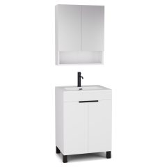   HD Paris Matt White 60 komplett fürdőszoba bútor álló mosdószekrénnyel, matt fekete elemekkel és tükrös szekrénnyel