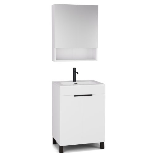 HD Paris Matt White 60 komplett fürdőszoba bútor álló mosdószekrénnyel, matt fekete elemekkel és tükrös szekrénnyel