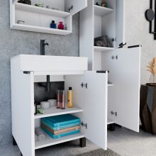 HD Paris Matt White 60 komplett fürdőszoba bútor álló mosdószekrénnyel, matt fekete elemekkel és tükrös szekrénnyel