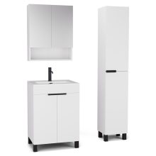 HD Paris Matt White 60 komplett fürdőszoba bútor szett álló mosdószekrénnyel, matt fekete elemekkel, tükrös szekrénnyel és magasszekrénnyel