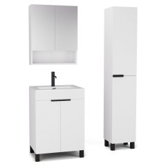   HD Paris Matt White 60 komplett fürdőszoba bútor szett álló mosdószekrénnyel, matt fekete elemekkel, tükrös szekrénnyel és magasszekrénnyel