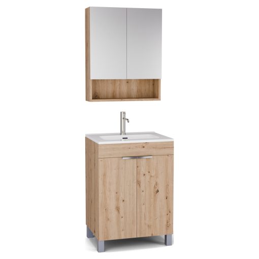 HD Paris Oak 60 komplett fürdőszoba bútor álló mosdószekrénnyel, fényes króm elemekkel és tükrös szekrénnyel