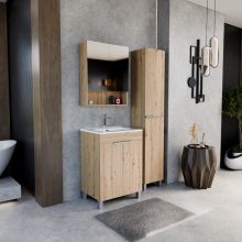 HD Paris Oak 60 komplett fürdőszoba bútor álló mosdószekrénnyel, fényes króm elemekkel és tükrös szekrénnyel