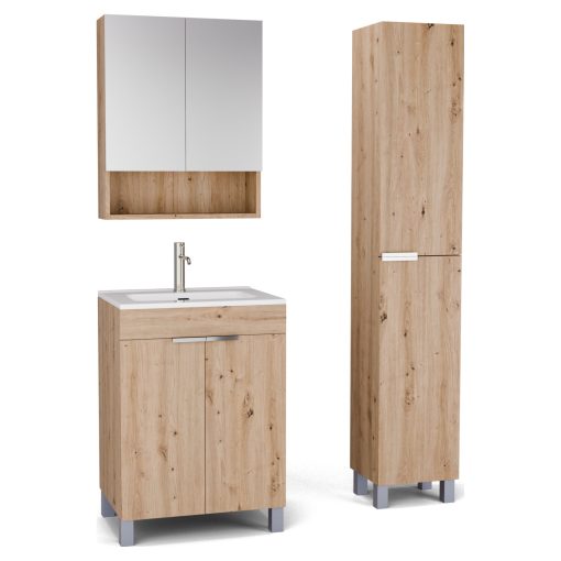 HD Paris Oak 60 komplett fürdőszoba bútor szett álló mosdószekrénnyel, fényes króm elemekkel, tükrös szekrénnyel és magasszekrénnyel