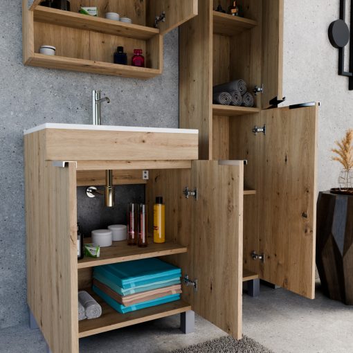 HD Paris Oak 60 komplett fürdőszoba bútor szett álló mosdószekrénnyel, fényes króm elemekkel, tükrös szekrénnyel és magasszekrénnyel