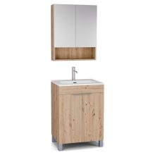 HD Paris Oak 60 komplett fürdőszoba bútor álló mosdószekrénnyel, szálcsiszolt króm elemekkel és tükrös szekrénnyel