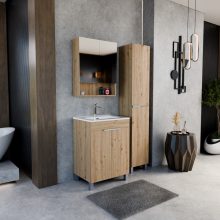 HD Paris Oak 60 komplett fürdőszoba bútor álló mosdószekrénnyel, szálcsiszolt króm elemekkel és tükrös szekrénnyel