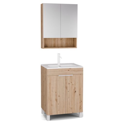 HD Paris Oak 60 komplett fürdőszoba bútor álló mosdószekrénnyel, matt fehér elemekkel és tükrös szekrénnyel