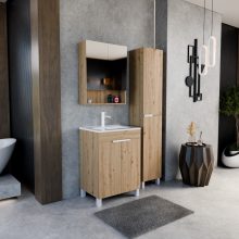 HD Paris Oak 60 komplett fürdőszoba bútor álló mosdószekrénnyel, matt fehér elemekkel és tükrös szekrénnyel