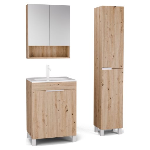 HD Paris Oak 60 komplett fürdőszoba bútor szett álló mosdószekrénnyel, matt fehér elemekkel, tükrös szekrénnyel és magasszekrénnyel