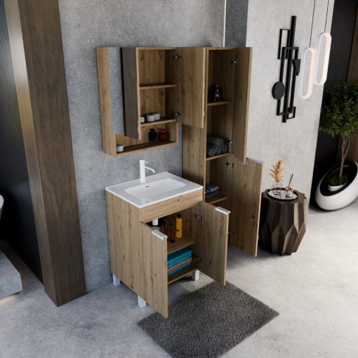 HD Paris Oak 60 komplett fürdőszoba bútor szett álló mosdószekrénnyel, matt fehér elemekkel, tükrös szekrénnyel és magasszekrénnyel