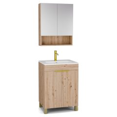   HD Paris Oak 60 komplett fürdőszoba bútor álló mosdószekrénnyel, szálcsiszolt arany elemekkel és tükrös szekrénnyel