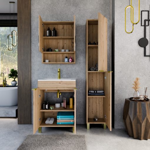 HD Paris Oak 60 komplett fürdőszoba bútor szett álló mosdószekrénnyel, szálcsiszolt arany elemekkel, tükrös szekrénnyel és magasszekrénnyel