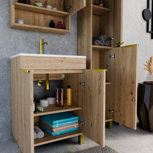 HD Paris Oak 60 komplett fürdőszoba bútor szett álló mosdószekrénnyel, szálcsiszolt arany elemekkel, tükrös szekrénnyel és magasszekrénnyel