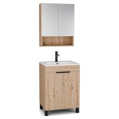   HD Paris Oak 60 komplett fürdőszoba bútor álló mosdószekrénnyel, matt fekete elemekkel és tükrös szekrénnyel