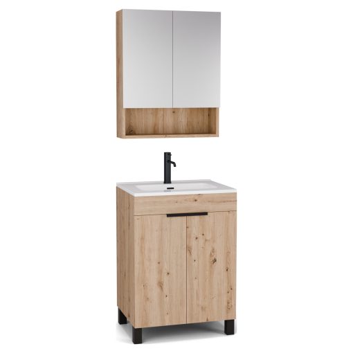HD Paris Oak 60 komplett fürdőszoba bútor álló mosdószekrénnyel, matt fekete elemekkel és tükrös szekrénnyel