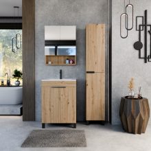 HD Paris Oak 60 komplett fürdőszoba bútor álló mosdószekrénnyel, matt fekete elemekkel és tükrös szekrénnyel