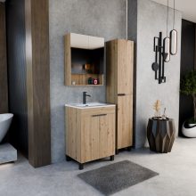 HD Paris Oak 60 komplett fürdőszoba bútor álló mosdószekrénnyel, matt fekete elemekkel és tükrös szekrénnyel