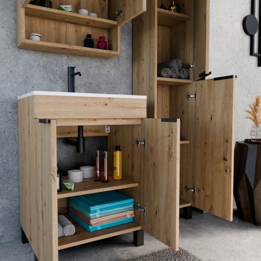 HD Paris Oak 60 komplett fürdőszoba bútor álló mosdószekrénnyel, matt fekete elemekkel és tükrös szekrénnyel