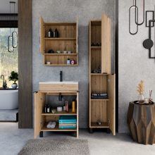 HD Paris Oak 60 komplett fürdőszoba bútor szett álló mosdószekrénnyel, matt fekete elemekkel, tükrös szekrénnyel és magasszekrénnyel