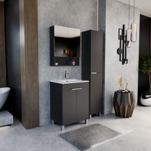 HD Paris Matt Black 60 komplett fürdőszoba bútor álló mosdószekrénnyel, fényes króm elemekkel és tükrös szekrénnyel