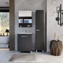 HD Paris Matt Black 60 komplett fürdőszoba bútor szett álló mosdószekrénnyel, fényes króm elemekkel, tükrös szekrénnyel és magasszekrénnyel