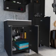 HD Paris Matt Black 60 komplett fürdőszoba bútor szett álló mosdószekrénnyel, fényes króm elemekkel, tükrös szekrénnyel és magasszekrénnyel