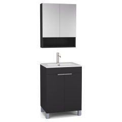   HD Paris Matt Black 60 komplett fürdőszoba bútor álló mosdószekrénnyel, szálcsiszolt króm elemekkel és tükrös szekrénnyel