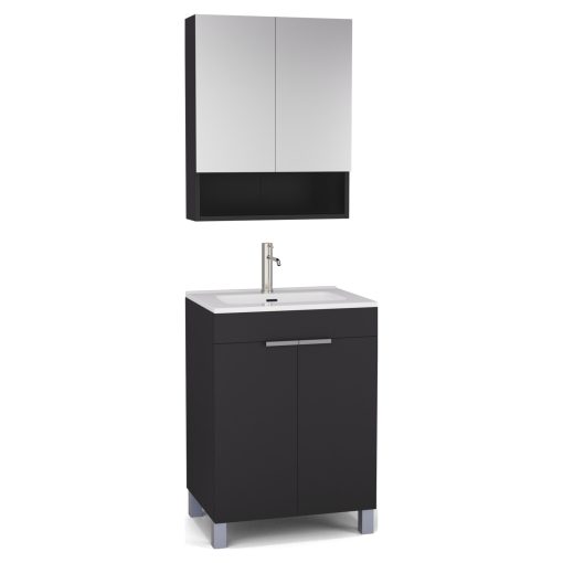 HD Paris Matt Black 60 komplett fürdőszoba bútor álló mosdószekrénnyel, szálcsiszolt króm elemekkel és tükrös szekrénnyel