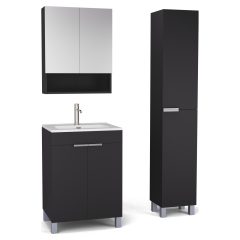   HD Paris Matt Black 60 komplett fürdőszoba bútor szett álló mosdószekrénnyel, szálcsiszolt króm elemekkel, tükrös szekrénnyel és magasszekrénnyel