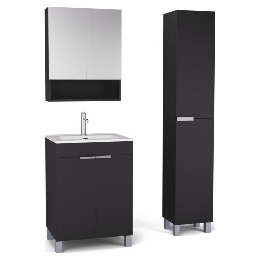 HD Paris Matt Black 60 komplett fürdőszoba bútor szett álló mosdószekrénnyel, szálcsiszolt króm elemekkel, tükrös szekrénnyel és magasszekrénnyel