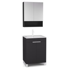   HD Paris Matt Black 60 komplett fürdőszoba bútor álló mosdószekrénnyel, matt fehér elemekkel és tükrös szekrénnyel