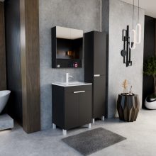 HD Paris Matt Black 60 komplett fürdőszoba bútor álló mosdószekrénnyel, matt fehér elemekkel és tükrös szekrénnyel