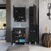 HD Paris Matt Black 60 komplett fürdőszoba bútor álló mosdószekrénnyel, matt fehér elemekkel és tükrös szekrénnyel