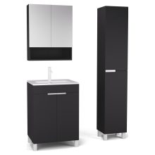 HD Paris Matt Black 60 komplett fürdőszoba bútor szett álló mosdószekrénnyel, matt fehér elemekkel, tükrös szekrénnyel és magasszekrénnyel