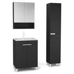   HD Paris Matt Black 60 komplett fürdőszoba bútor szett álló mosdószekrénnyel, matt fehér elemekkel, tükrös szekrénnyel és magasszekrénnyel