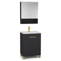   HD Paris Matt Black 60 komplett fürdőszoba bútor álló mosdószekrénnyel, szálcsiszolt arany elemekkel és tükrös szekrénnyel