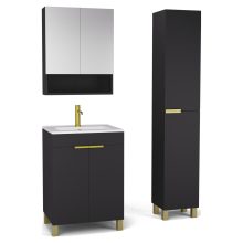 HD Paris Matt Black 60 komplett fürdőszoba bútor szett álló mosdószekrénnyel, szálcsiszolt arany elemekkel, tükrös szekrénnyel és magasszekrénnyel