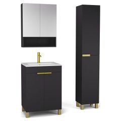   HD Paris Matt Black 60 komplett fürdőszoba bútor szett álló mosdószekrénnyel, szálcsiszolt arany elemekkel, tükrös szekrénnyel és magasszekrénnyel