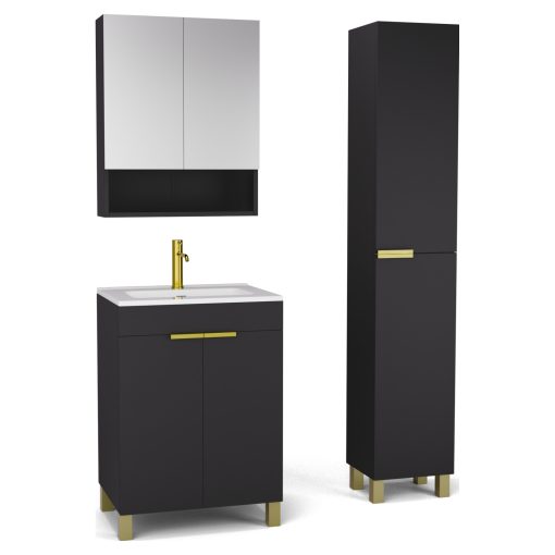 HD Paris Matt Black 60 komplett fürdőszoba bútor szett álló mosdószekrénnyel, szálcsiszolt arany elemekkel, tükrös szekrénnyel és magasszekrénnyel