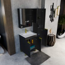 HD Paris Matt Black 60 komplett fürdőszoba bútor szett álló mosdószekrénnyel, szálcsiszolt arany elemekkel, tükrös szekrénnyel és magasszekrénnyel