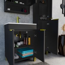 HD Paris Matt Black 60 komplett fürdőszoba bútor szett álló mosdószekrénnyel, szálcsiszolt arany elemekkel, tükrös szekrénnyel és magasszekrénnyel