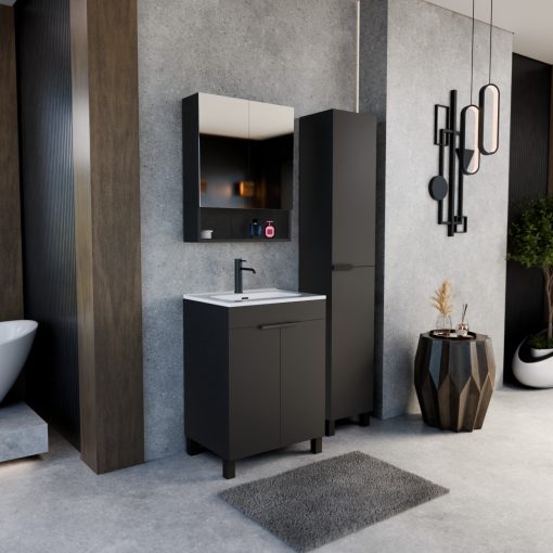 HD Paris Matt Black 60 komplett fürdőszoba bútor álló mosdószekrénnyel, matt fekete elemekkel és tükrös szekrénnyel