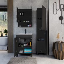 HD Paris Matt Black 60 komplett fürdőszoba bútor álló mosdószekrénnyel, matt fekete elemekkel és tükrös szekrénnyel