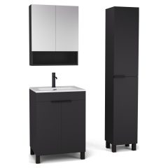   HD Paris Matt Black 60 komplett fürdőszoba bútor szett álló mosdószekrénnyel, matt fekete elemekkel, tükrös szekrénnyel és magasszekrénnyel