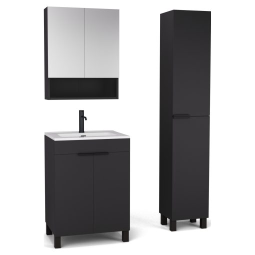 HD Paris Matt Black 60 komplett fürdőszoba bútor szett álló mosdószekrénnyel, matt fekete elemekkel, tükrös szekrénnyel és magasszekrénnyel