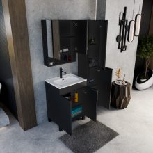 HD Paris Matt Black 60 komplett fürdőszoba bútor szett álló mosdószekrénnyel, matt fekete elemekkel, tükrös szekrénnyel és magasszekrénnyel