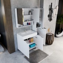 HD Paris Matt White 80 komplett fürdőszoba bútor álló mosdószekrénnyel, fényes króm elemekkel és tükrös szekrénnyel